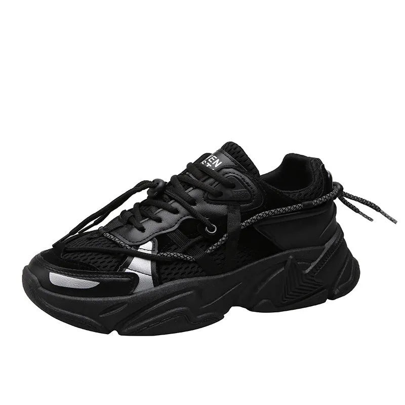Men's white platform dad shoes with front lace-up, shown on a neutral background.
