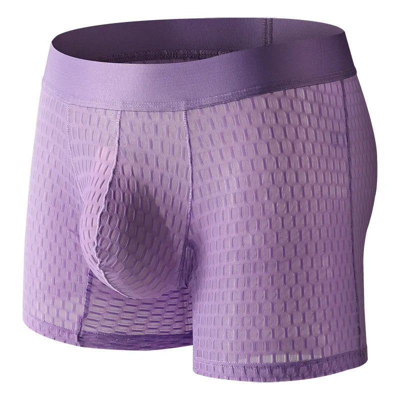 Men's black lace mesh boxer shorts with a low-waist design and geometric pattern.
