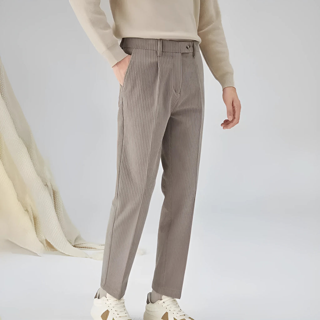 Corduroy men's straight-leg loose trousers in beige, black, and brown gray, mid waist with micro elastic waistband, sizes 28-34