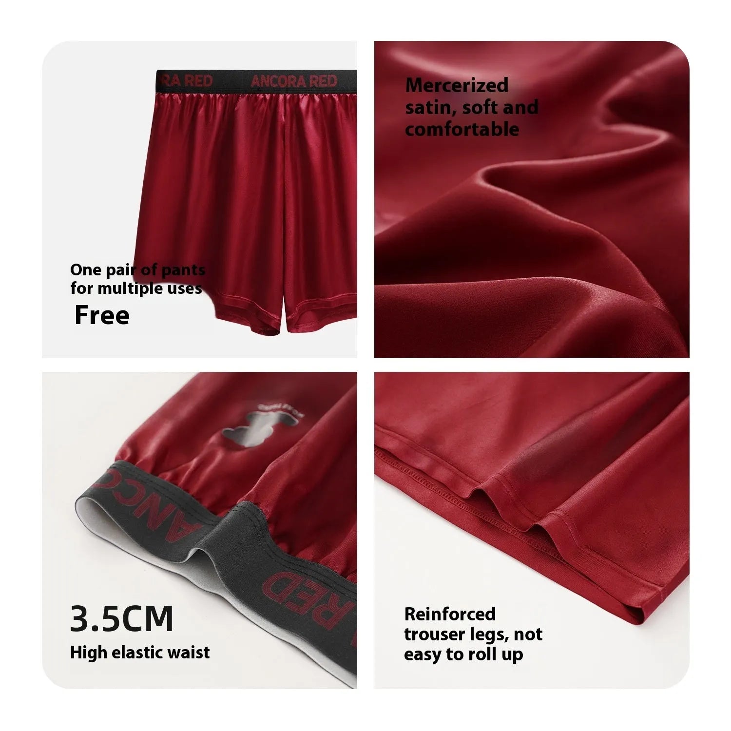 Solid colour men's boxer briefs on a mid waist, available in black, blue, red, silver, purple, and brown.