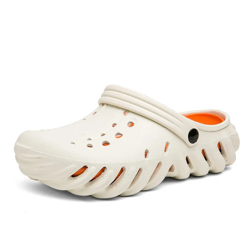 Men's beige EVA slipper sandals with hollow-out design and round toe holder