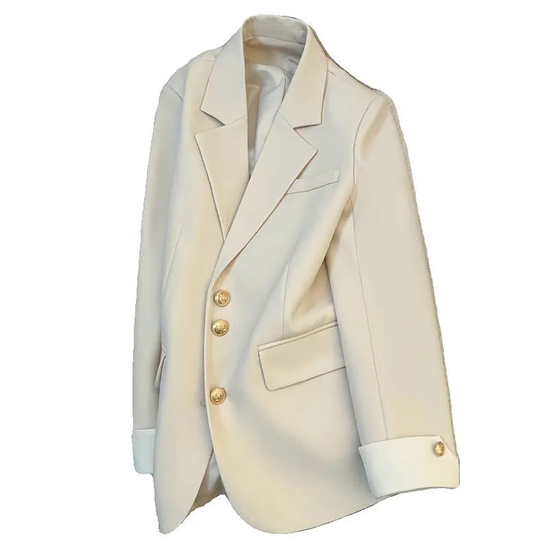 Korean style women's coat in loose fit with 65cm length and pockets in milky white colour
