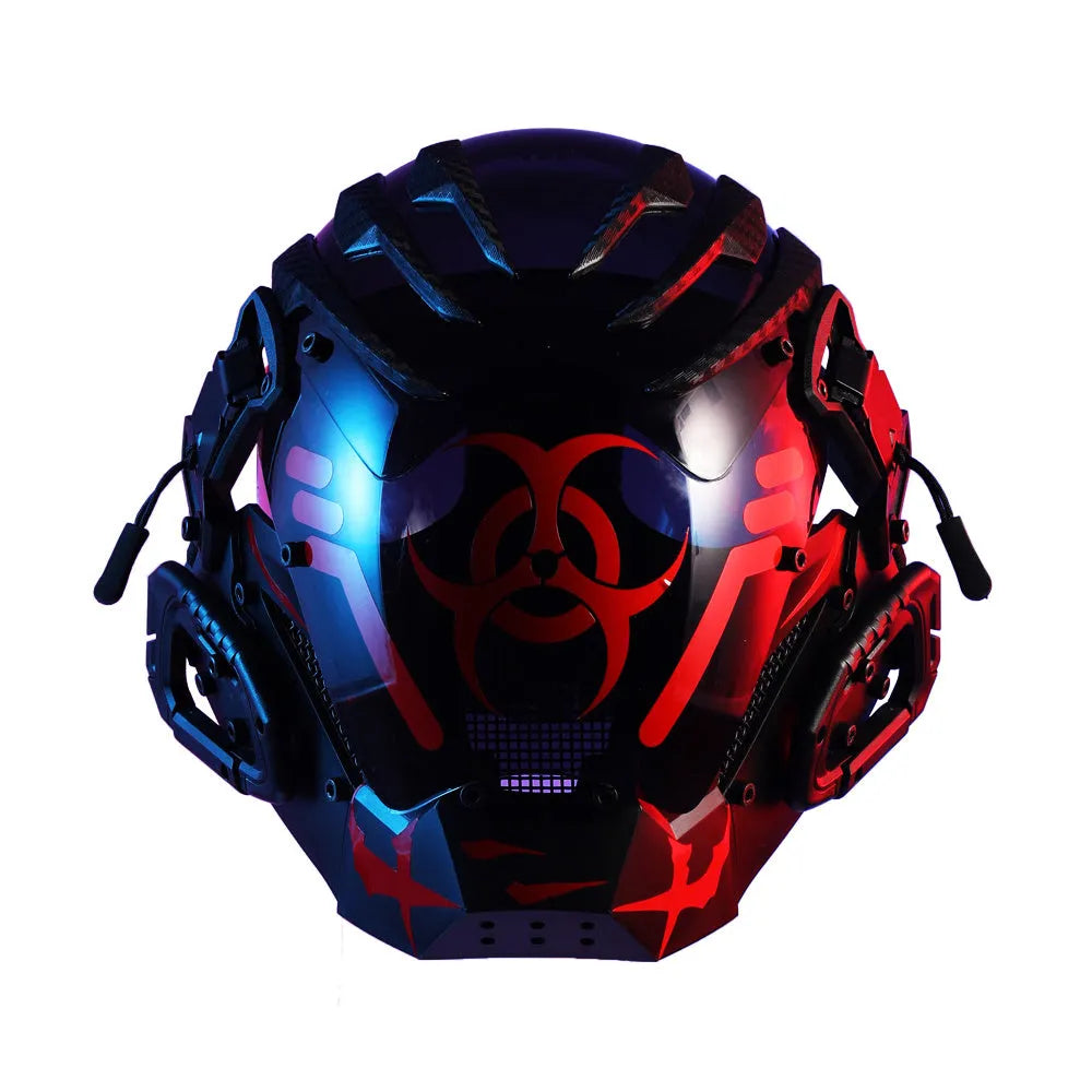 Black biohazard tech creative prop helmet for full face costume coverage