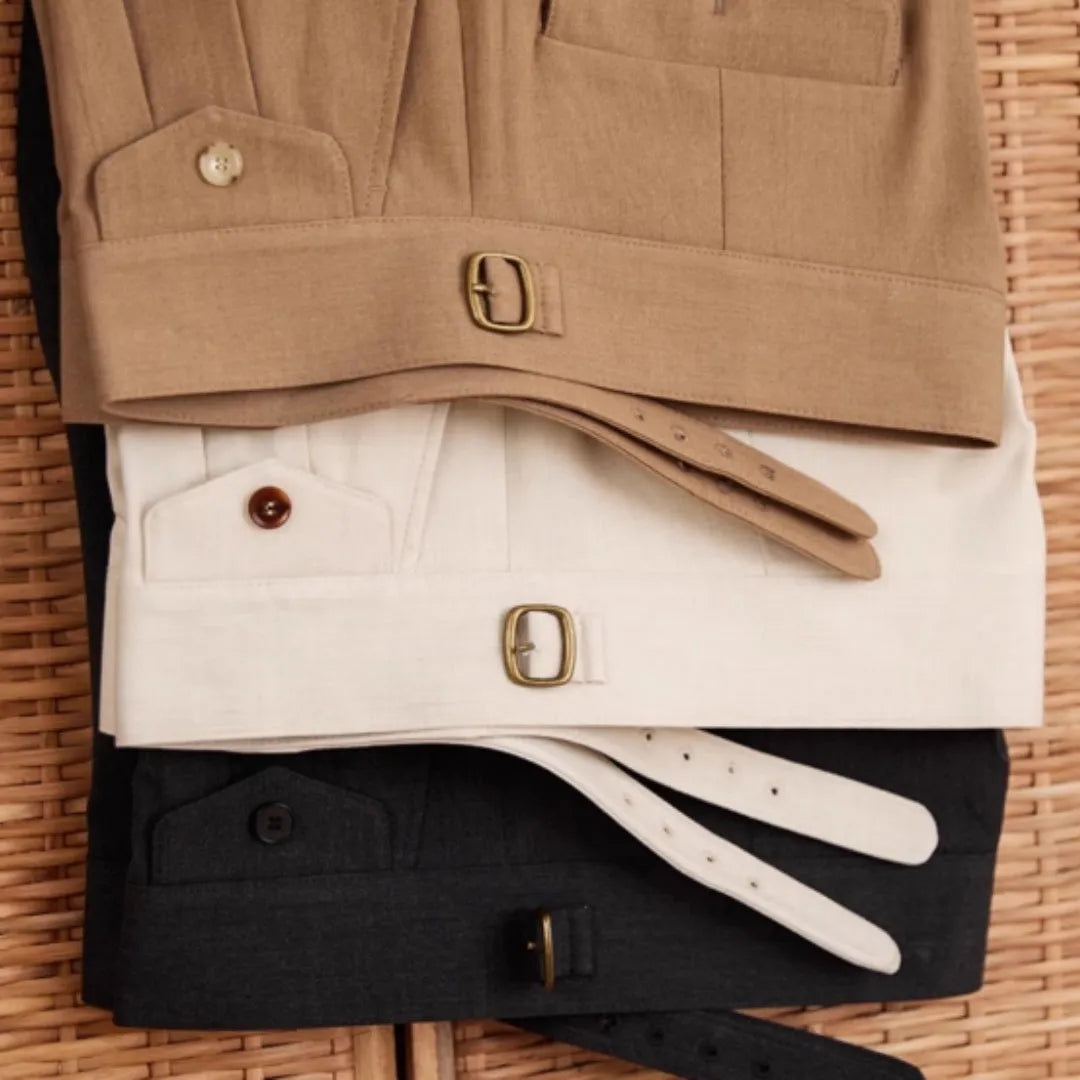 Men's slim fit straight leg business trousers in dark grey, light brown, or light apricot.