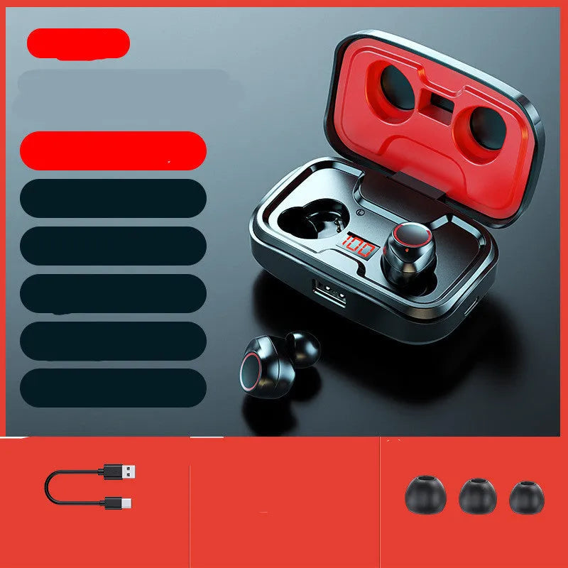 Wireless Bluetooth 5.0 earphones in black, blue and red colour options showing in-ear design