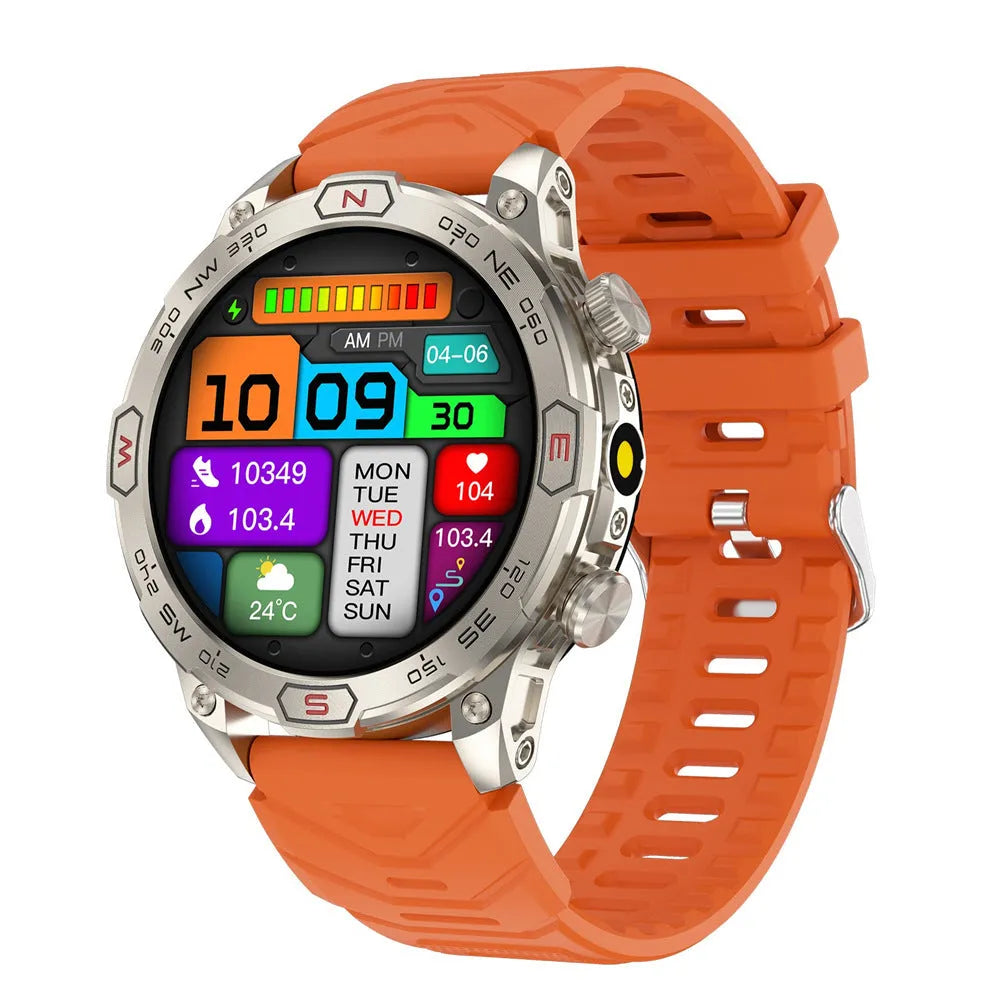 Black sports watch with 1.43-inch AMOLED screen showing weather forecast, on silicone strap