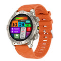 Black sports watch with 1.43-inch AMOLED screen showing weather forecast, on silicone strap