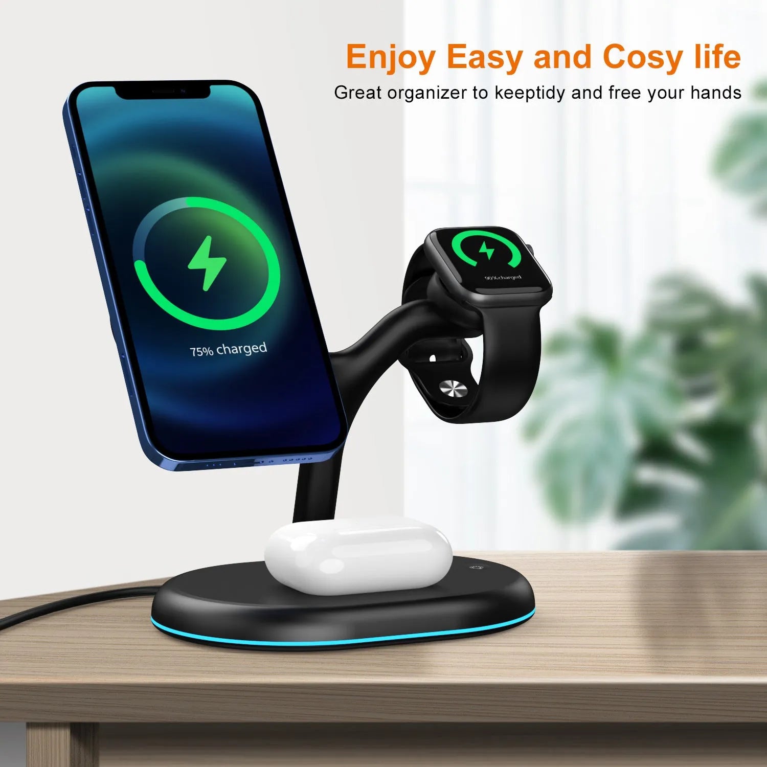 Black magnetic wireless charger with three functions and ABS plastic casing