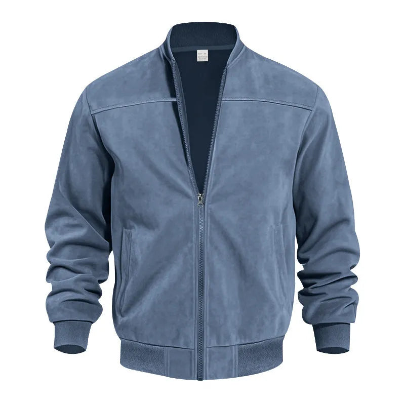 Men's plus size suede casual jacket in army green with a zip front and regular sleeves.