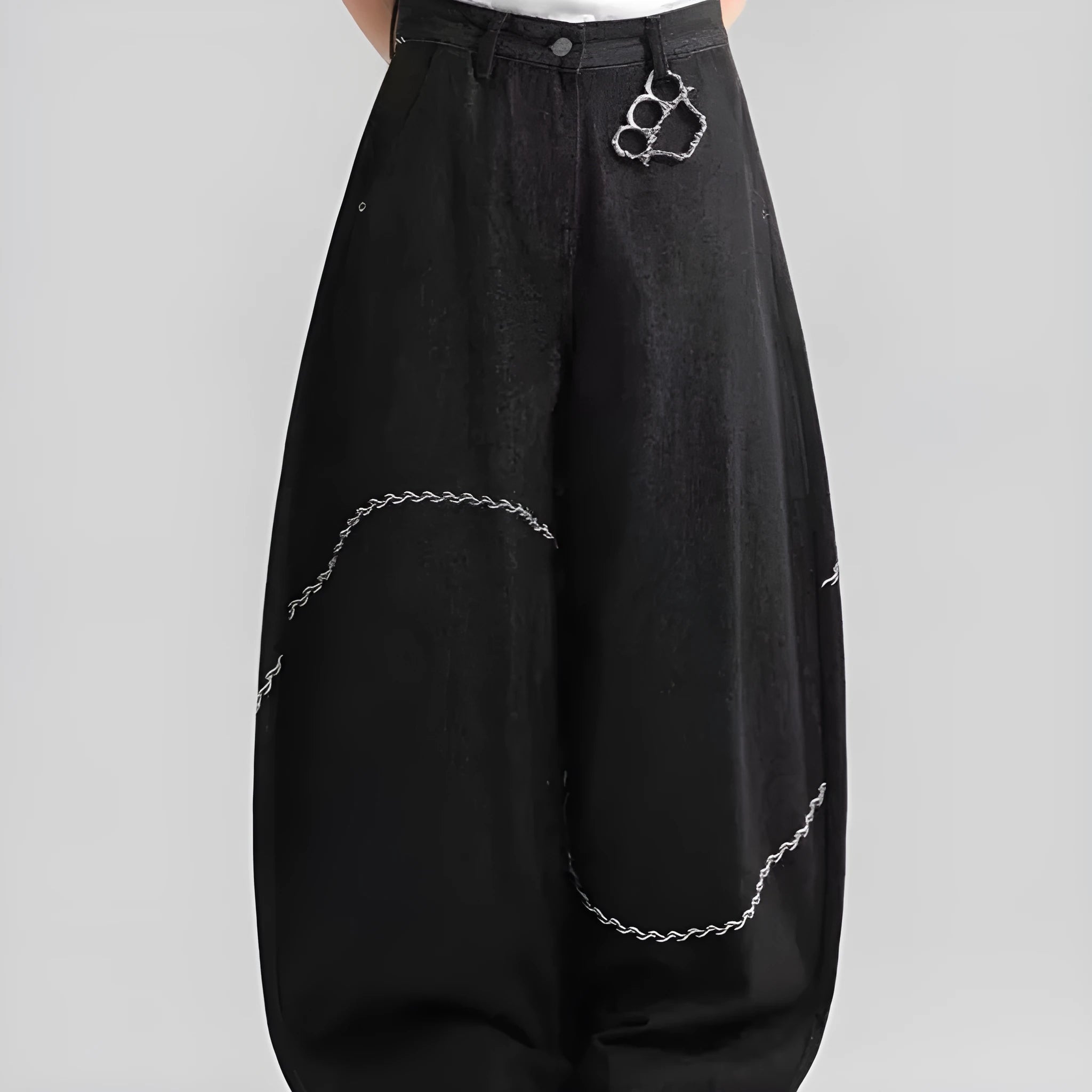 Black Pu Shuai straight-leg denim trousers with a mid waist and zip fly, laid flat.