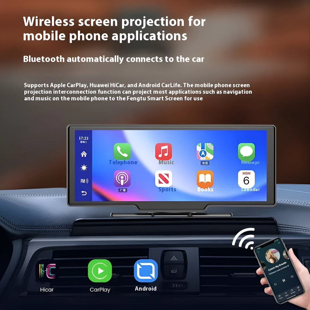 10-inch car smart screen with CarPlay, driving recorder, and navigation functions on dashboard