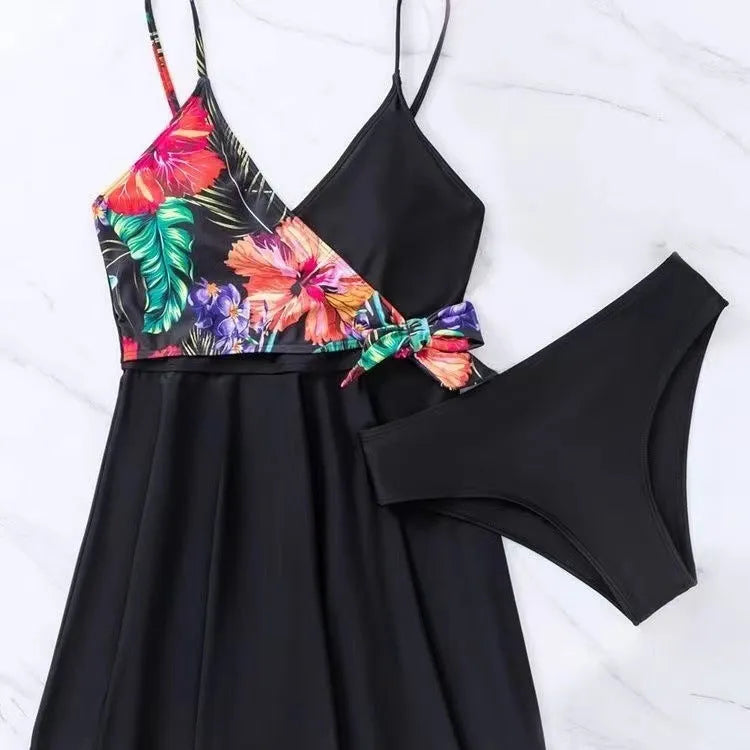 Black women's high waist split bikini bottom for swimming and sports.
