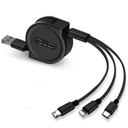 Telescopic charging cable in extended position showing TPE wire and titanium alloy connectors.