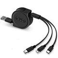 Telescopic charging cable in extended position showing TPE wire and titanium alloy connectors.