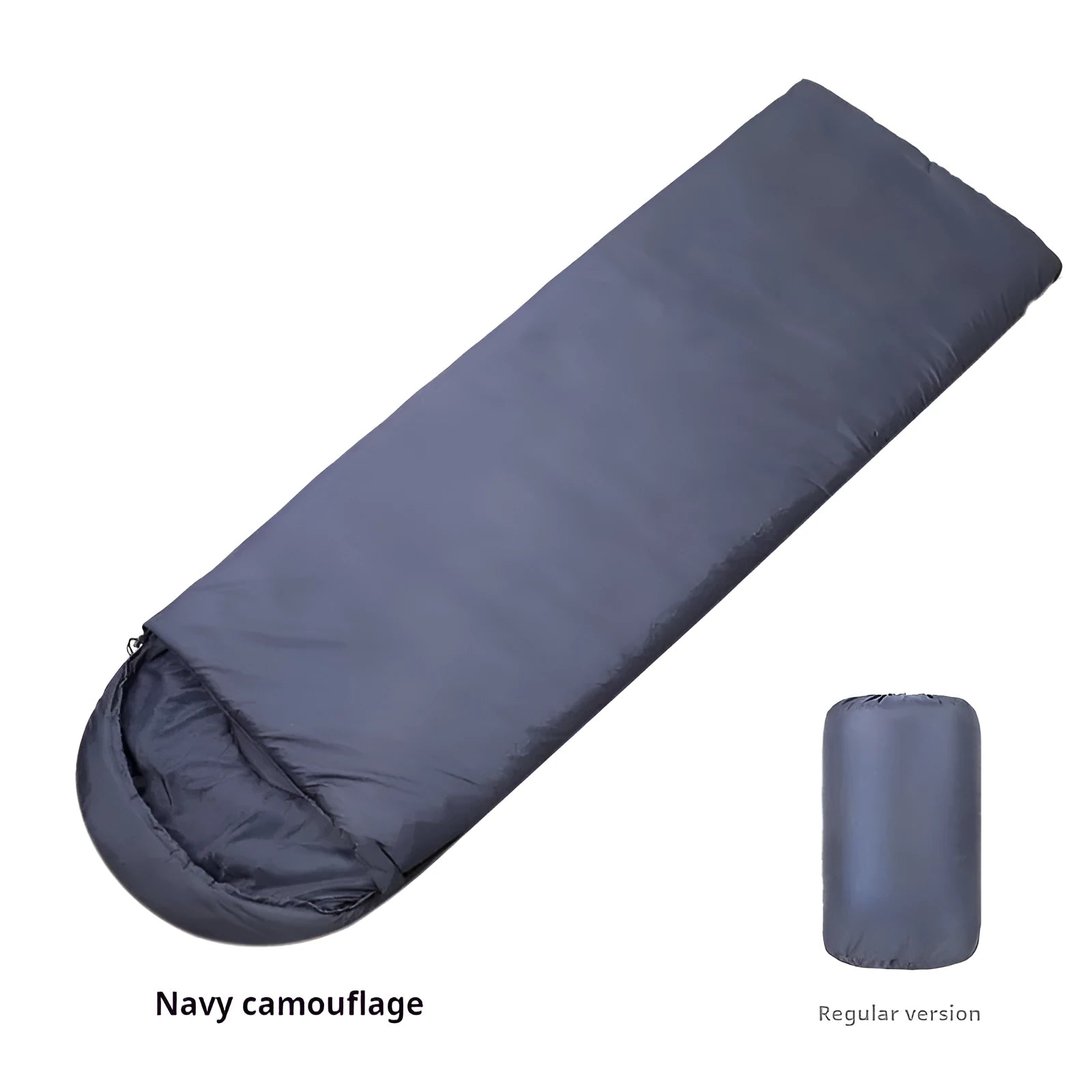 Navy blue envelope-style camping sleeping bag with polyester fabric and cotton fibre insulation
