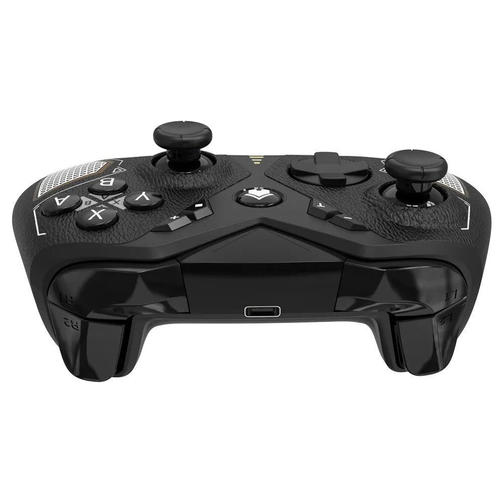Black wireless game controller with textured grip for Nintendo, smartphone, and PC use
