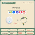 GPS pet tracker device attached to a dog collar showing smartphone app with location map.
