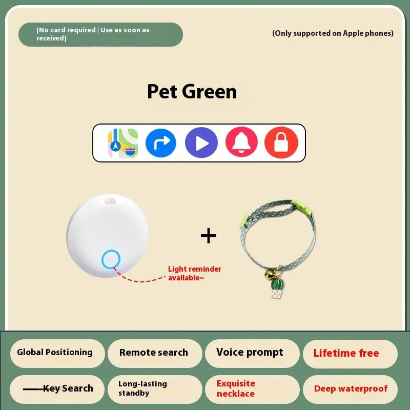 GPS pet tracker device attached to a dog collar showing smartphone app with location map.