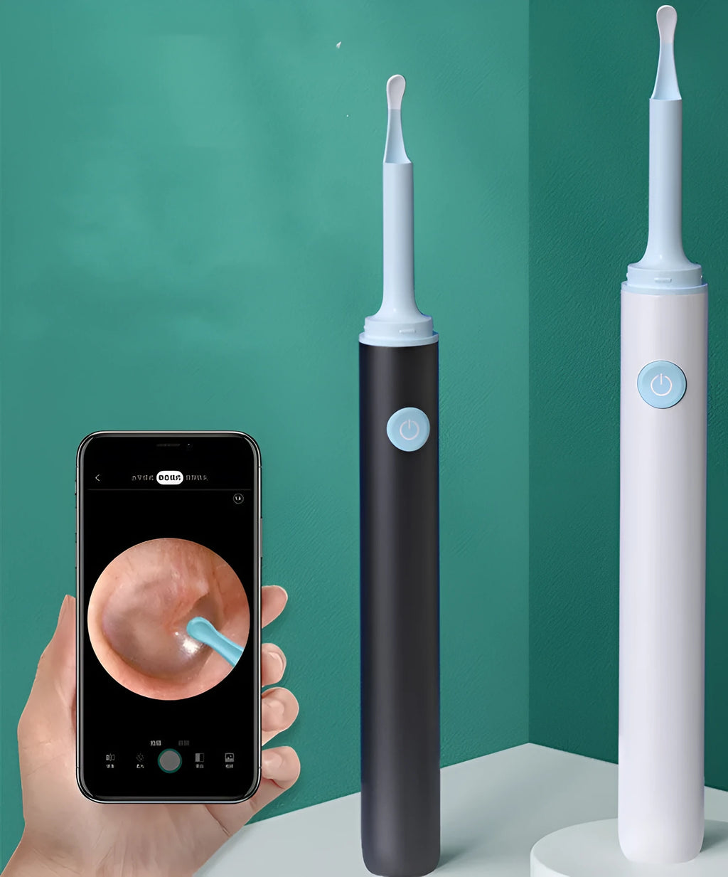 Smart visual ear spoon with 5MP camera, LED light, and silicone ear spoon covers in black