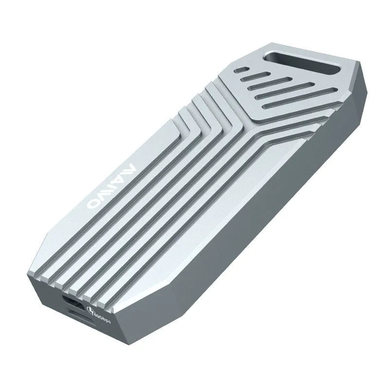 USB 4.0 aluminium M.2 NVMe SSD external hard drive enclosure case in silver and grey colours