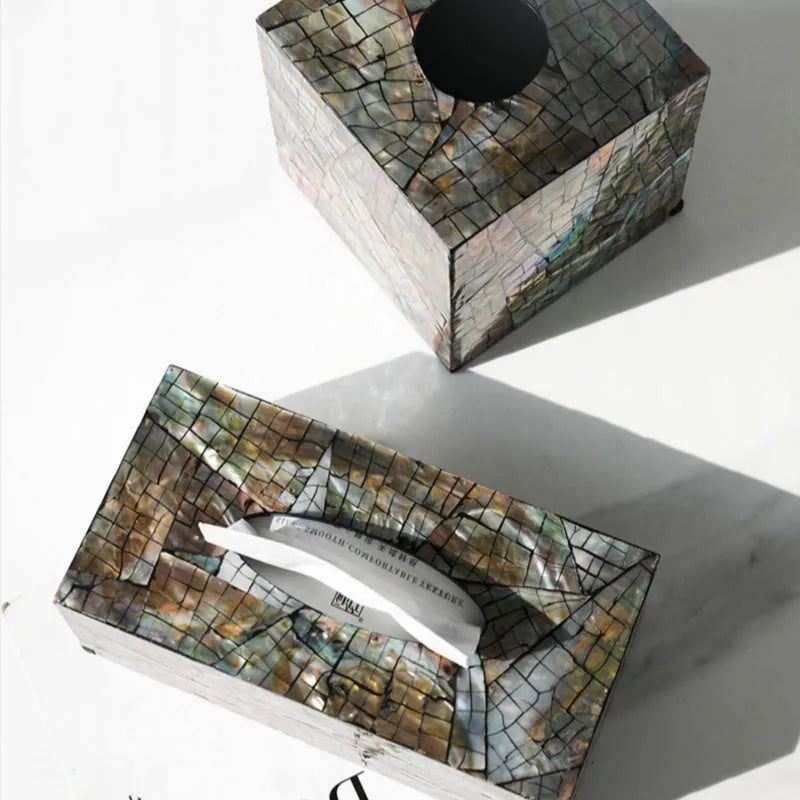 Black natural shell tissue box organiser with removable divider for coffee tables