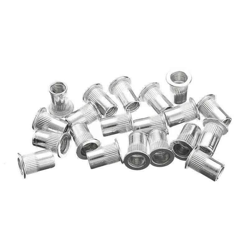 Manual alloy steel riveter nut set with rivet nuts and adapters from a 86-piece or 106-piece kit