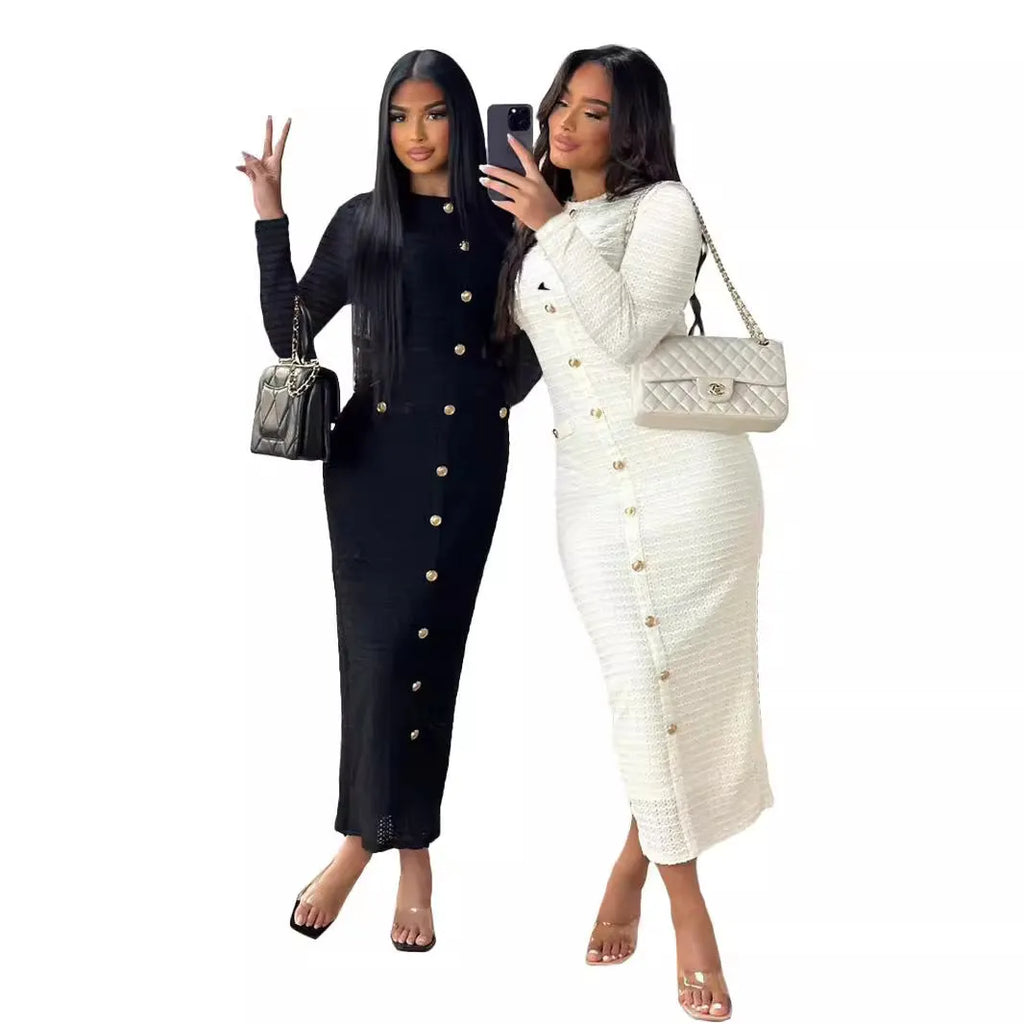 Black and white French retro slim fit knitted long-sleeved dress with button detail.