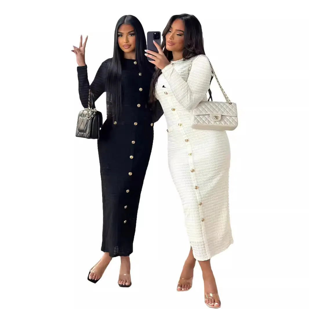 Black and white French retro slim fit knitted long-sleeved dress with button detail.