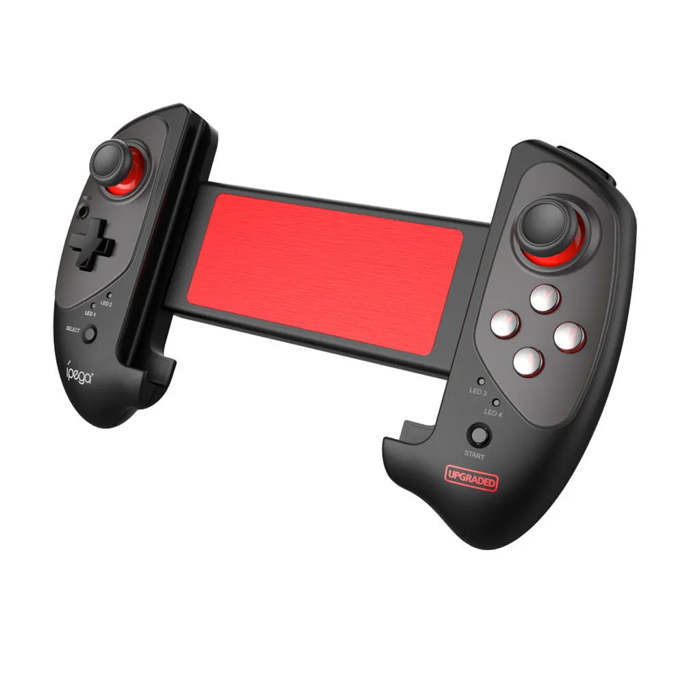 Red telescopic gamepad controller holding smartphone with USB cable