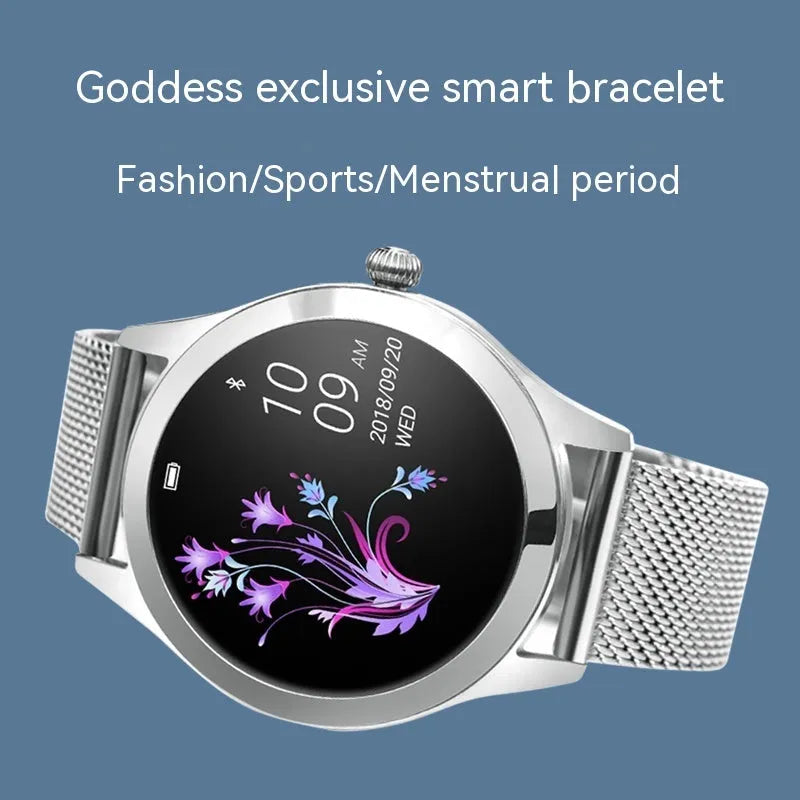 Women's multi-functional sports smartwatch showing heart rate monitoring, available in black, rose gold, silver, or white