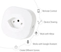 White smart socket plug with dimensions 70x70x72mm showing EU, US, and Swiss plug variants.