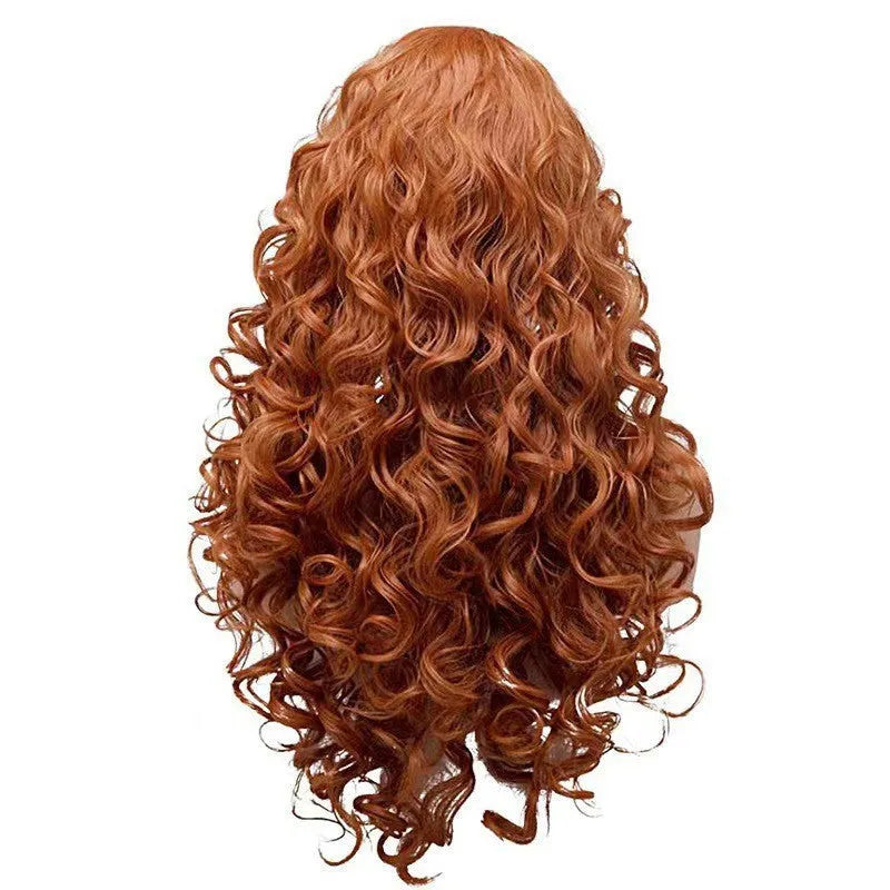 Brown long wavy curly synthetic wig with fluffy texture on a wig head.