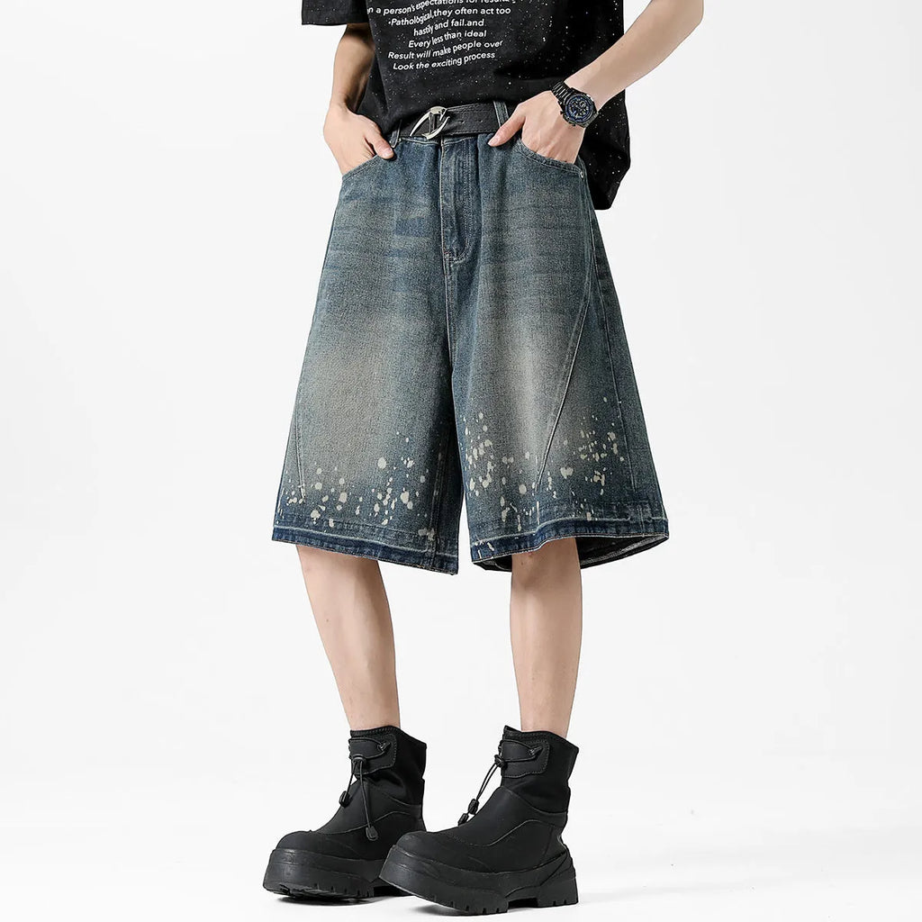 Retro washed denim men's shorts with ripped and splash ink detailing in retro blue colour, straight-leg five-point cut