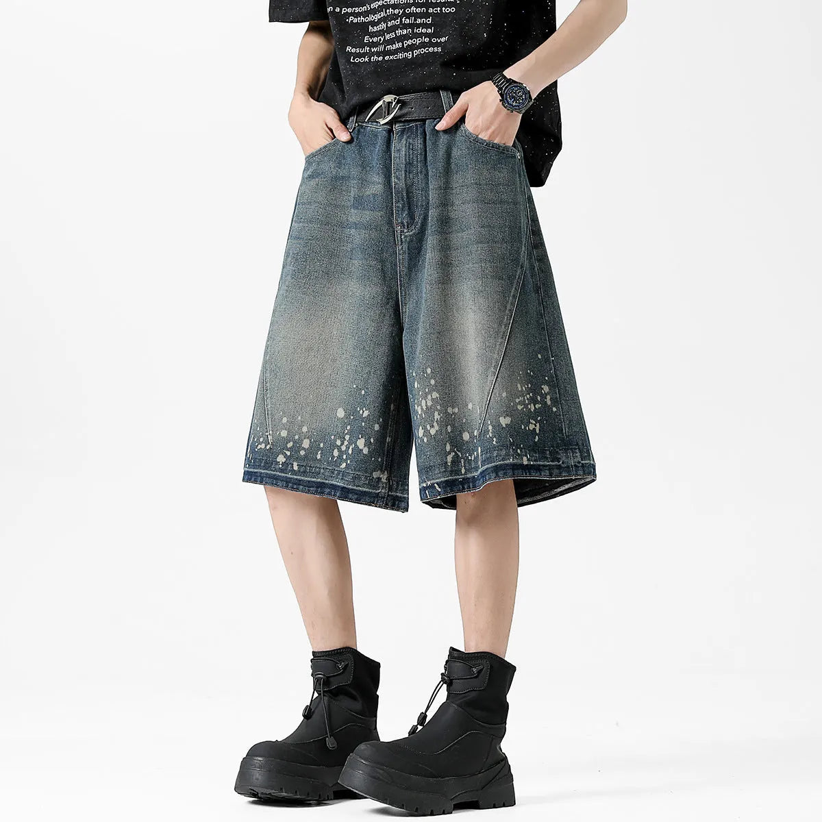 Retro washed denim men's shorts with ripped and splash ink detailing in retro blue colour, straight-leg five-point cut