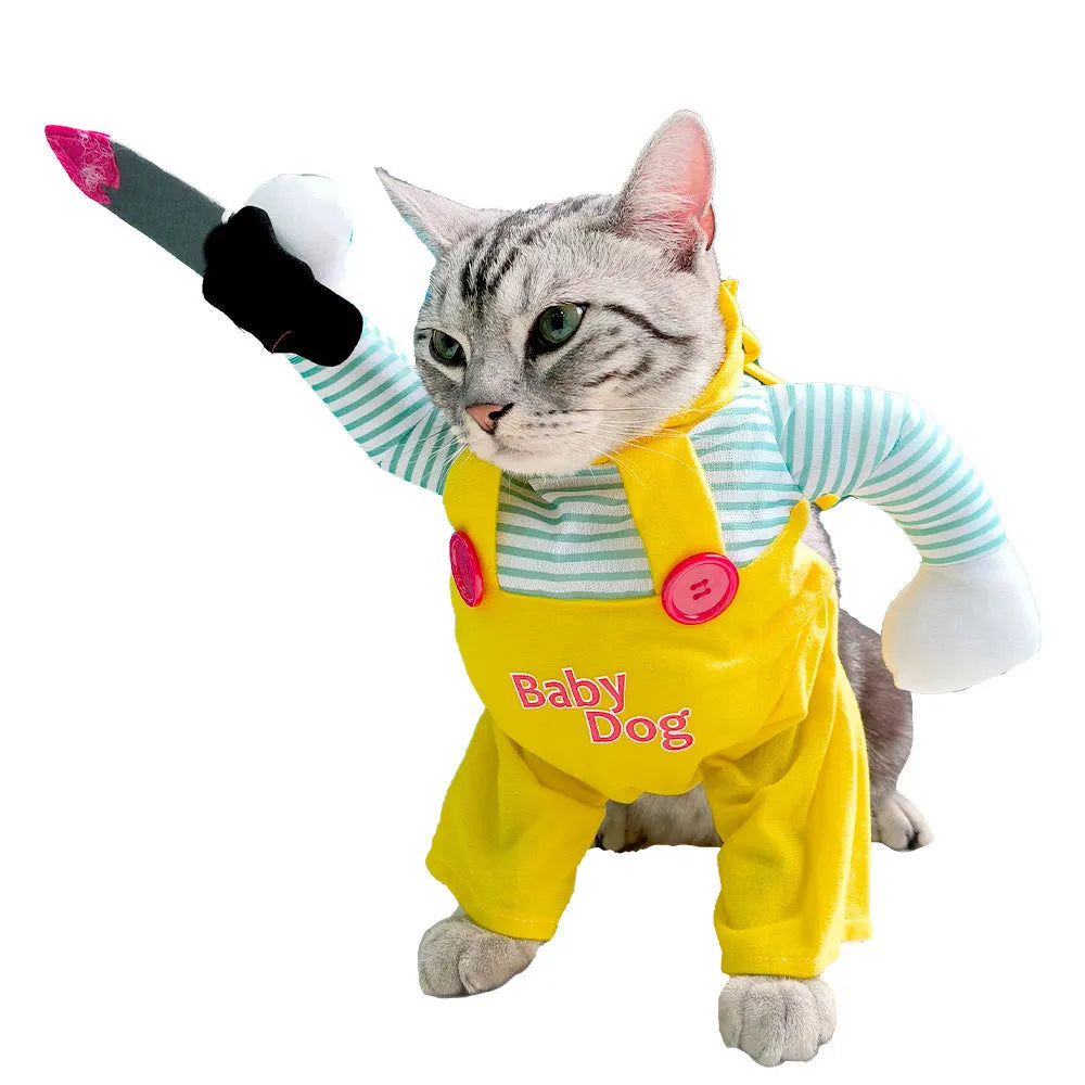 Creative yellow knife assassin cat costume on a cat, made from polyester, available in sizes S to XL