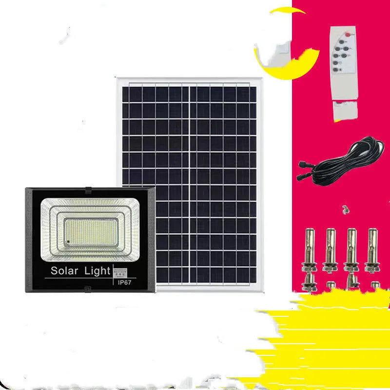 Black solar-powered outdoor flood light with multiple wattage options and IP67 waterproof rating