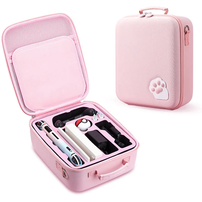 Pink Nintendo Switch storage bag with carry strap, holding game cartridges.