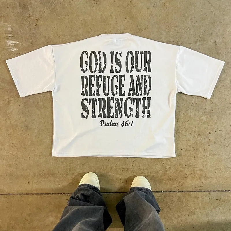 Printed cotton short sleeve retro street style T-shirt with drop-shoulder sleeves and contrast colour detailing