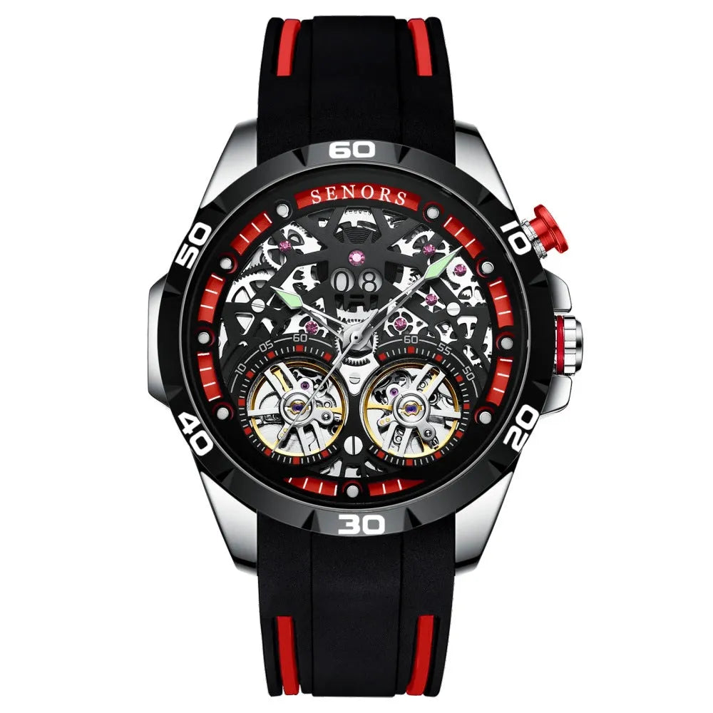 Automatic mechanical men's watch with luminous hollow skeleton dial in red or blue colour options