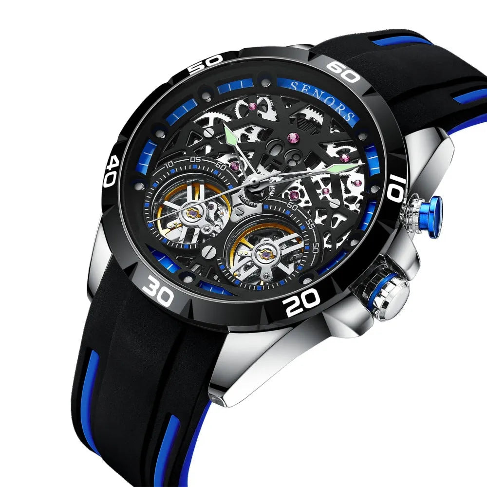 Automatic mechanical men's watch with luminous hollow skeleton dial in red or blue colour options