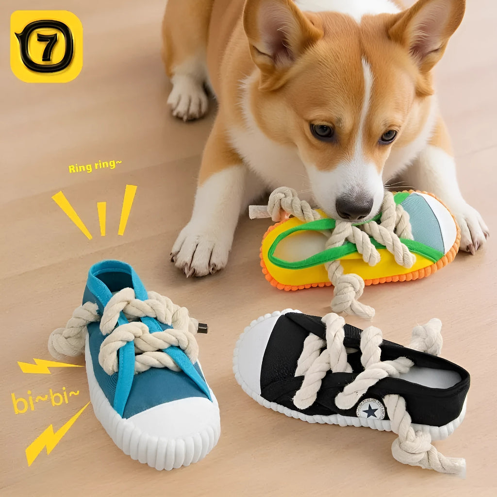 Plastic dog chew toy shaped like a slipper in yellow, black, and blue colour options.