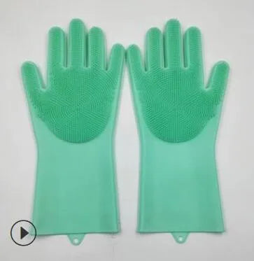 Silicone heat-resistant cleaning brush scrubbing gloves in blue with built-in sponge, non-slip, 357x165mm