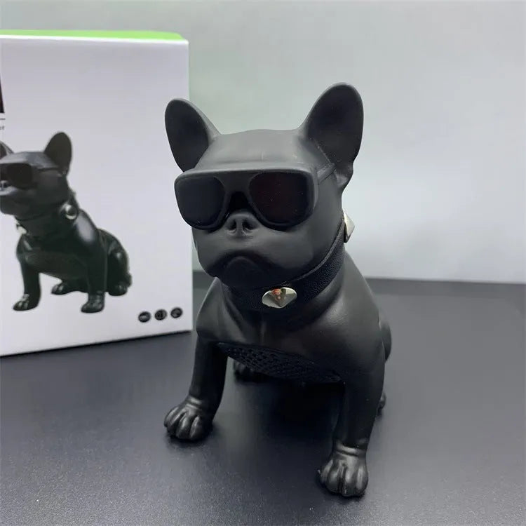 Mini bulldog-shaped Bluetooth speaker in black, red, or white colour with wireless audio connectivity