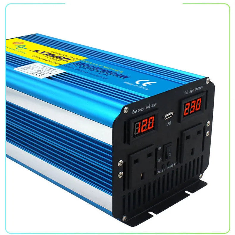 3000W 6000W pure sine wave inverter with dual digital display in blue casing, remote control, and British socket