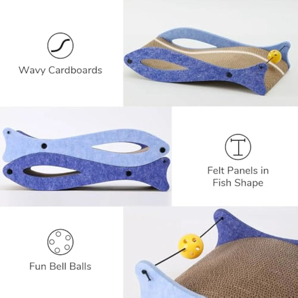Blue fish-shaped cardboard cat scratcher lounge with bell ball toys for indoor cats