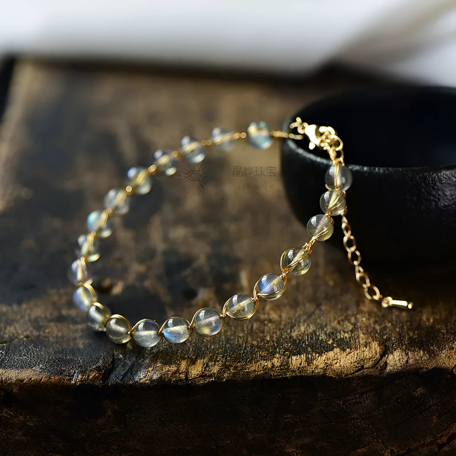 14K gilded natural crystal blue moonstone bracelet with 6mm beads, starry sky colour design