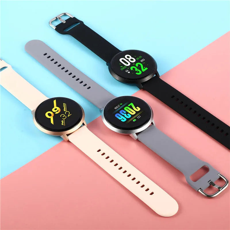 Ultra-thin smart health bracelet with a 1.3-inch screen and silicone strap in black, gold, or silver.