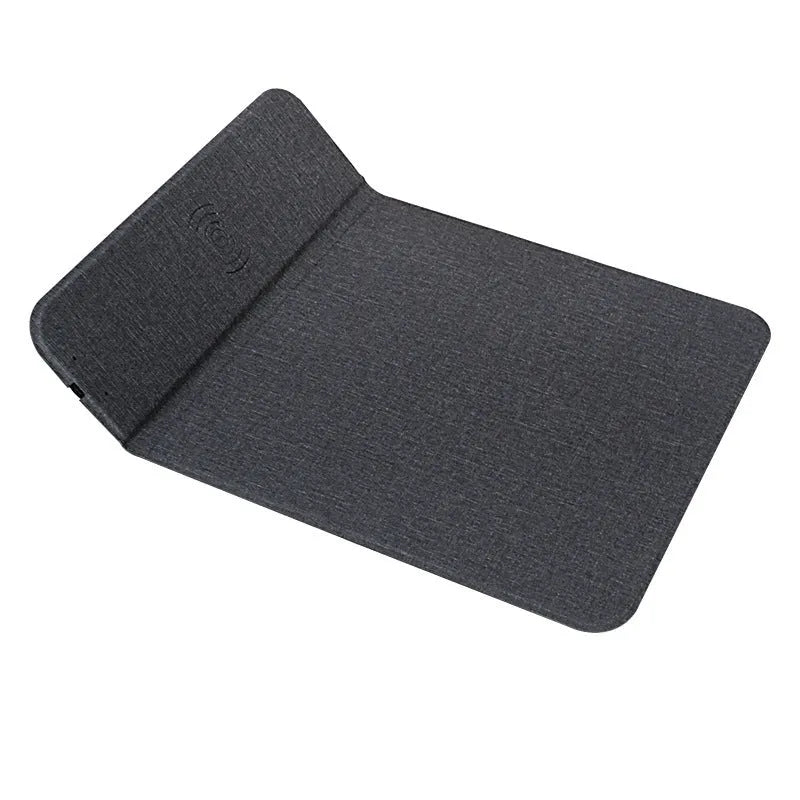 Foldable black and grey fabric wireless phone charger showing both flat and upright positions