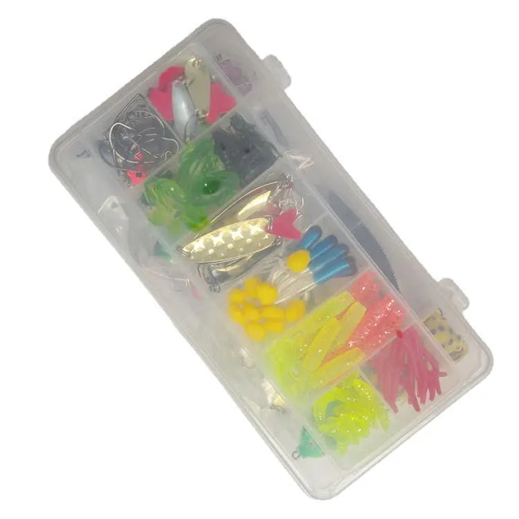 142-piece fishing lure suit set with metal fishing pliers, hard mino lures, and sequin baits on a tackle box.