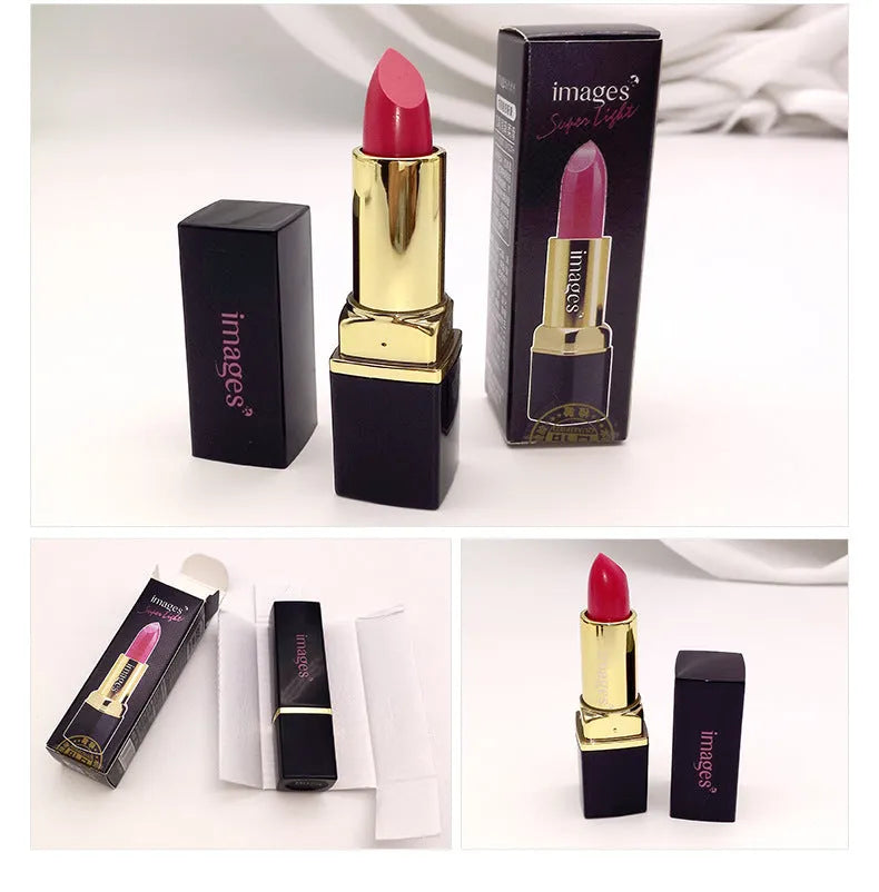 Moisturising lipstick lip gloss in a compact case, shown in coral red and other colours from the 10-shade range.